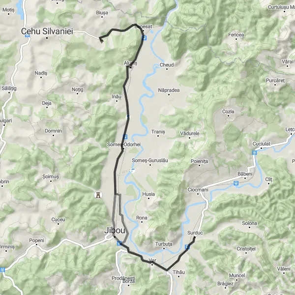 Map miniature of "Surduc - Horoatu Cehului - Someș-Odorhei Cycling Route" cycling inspiration in Nord-Vest, Romania. Generated by Tarmacs.app cycling route planner