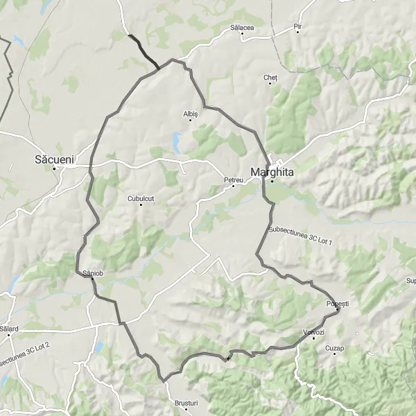 Map miniature of "Sacalasău to Sâniob Circuit" cycling inspiration in Nord-Vest, Romania. Generated by Tarmacs.app cycling route planner