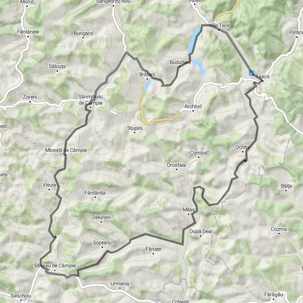 Map miniature of "Teaca - Milaș - Silivașu de Câmpie - Miceștii de Câmpie - Viile Tecii Road Route" cycling inspiration in Nord-Vest, Romania. Generated by Tarmacs.app cycling route planner