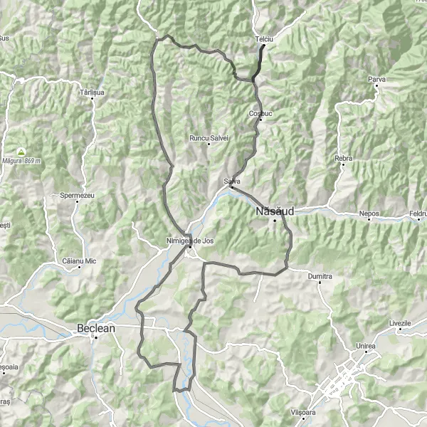 Map miniature of "Telciu - Coșbuc Loop" cycling inspiration in Nord-Vest, Romania. Generated by Tarmacs.app cycling route planner