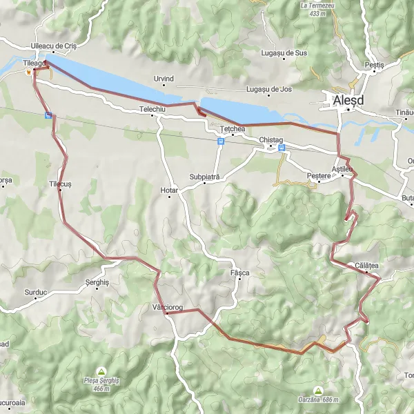 Map miniature of "Gravel Tour around Tileagd" cycling inspiration in Nord-Vest, Romania. Generated by Tarmacs.app cycling route planner