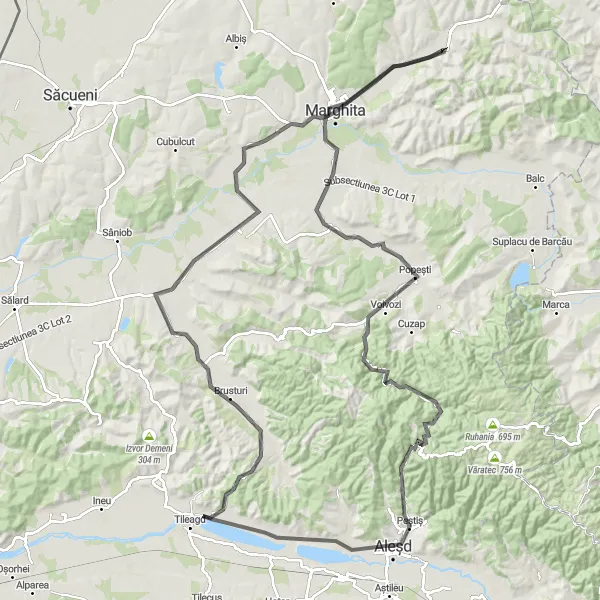 Map miniature of "Tileagd to Dealu Viilor" cycling inspiration in Nord-Vest, Romania. Generated by Tarmacs.app cycling route planner