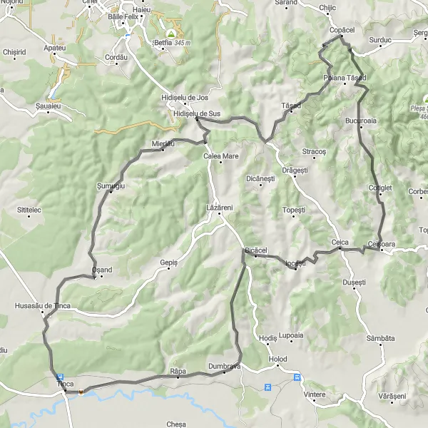 Map miniature of "The Tășad Escape" cycling inspiration in Nord-Vest, Romania. Generated by Tarmacs.app cycling route planner