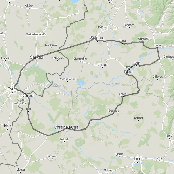 Map miniature of "The Belfir to Vărșand Loop" cycling inspiration in Nord-Vest, Romania. Generated by Tarmacs.app cycling route planner