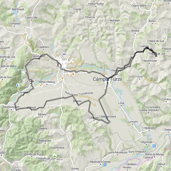 Map miniature of "Scenic Road Cycling Route from Tritenii de Jos" cycling inspiration in Nord-Vest, Romania. Generated by Tarmacs.app cycling route planner