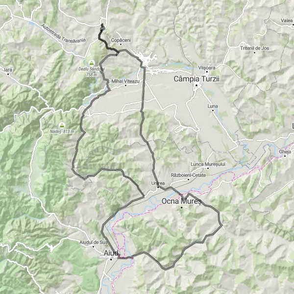 Map miniature of "Turda Epic Road Journey" cycling inspiration in Nord-Vest, Romania. Generated by Tarmacs.app cycling route planner