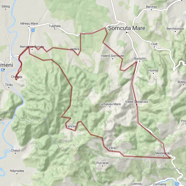 Map miniature of "The Challenging Gravel Path through Vărai and Valea Chioarului" cycling inspiration in Nord-Vest, Romania. Generated by Tarmacs.app cycling route planner
