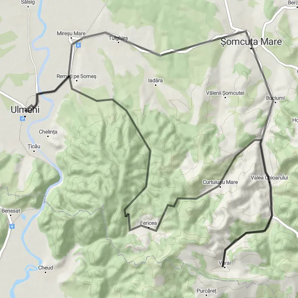 Map miniature of "Ulmeni Countryside Ride" cycling inspiration in Nord-Vest, Romania. Generated by Tarmacs.app cycling route planner