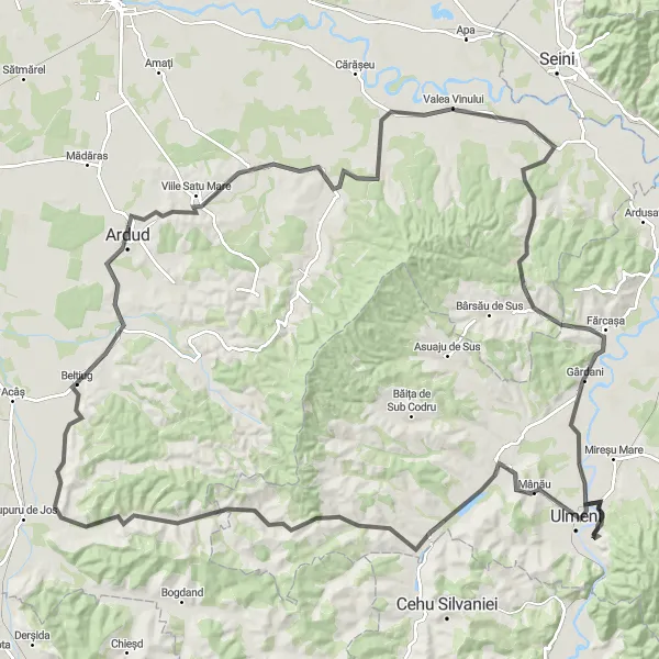 Map miniature of "Chelința Loop: Adventure through Orțița and Gârdani" cycling inspiration in Nord-Vest, Romania. Generated by Tarmacs.app cycling route planner