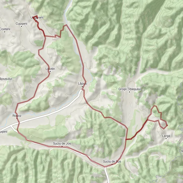 Map miniature of "The Lăpuș and Larga Gravel Loop" cycling inspiration in Nord-Vest, Romania. Generated by Tarmacs.app cycling route planner