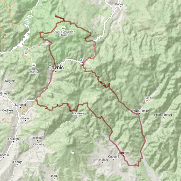 Map miniature of "The Treasures of Maramureș" cycling inspiration in Nord-Vest, Romania. Generated by Tarmacs.app cycling route planner