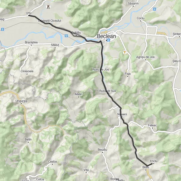 Map miniature of "Uriu - Cristeștii Ciceului Loop" cycling inspiration in Nord-Vest, Romania. Generated by Tarmacs.app cycling route planner