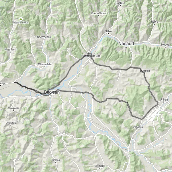 Map miniature of "Uriu - Beclean Scenic Road Trip" cycling inspiration in Nord-Vest, Romania. Generated by Tarmacs.app cycling route planner