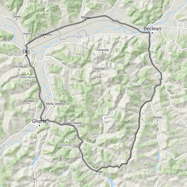 Map miniature of "Picturesque villages and rolling hills" cycling inspiration in Nord-Vest, Romania. Generated by Tarmacs.app cycling route planner