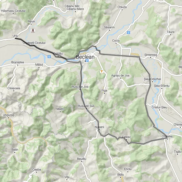 Map miniature of "A ride through hidden gems" cycling inspiration in Nord-Vest, Romania. Generated by Tarmacs.app cycling route planner