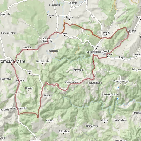 Map miniature of "The Thrilling Gravel Adventure of Valea Chioarului" cycling inspiration in Nord-Vest, Romania. Generated by Tarmacs.app cycling route planner