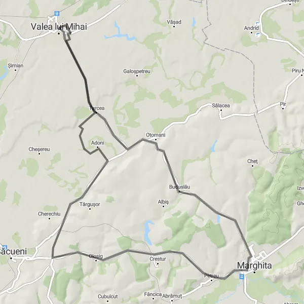 Map miniature of "The Valea lui Mihai Loop" cycling inspiration in Nord-Vest, Romania. Generated by Tarmacs.app cycling route planner