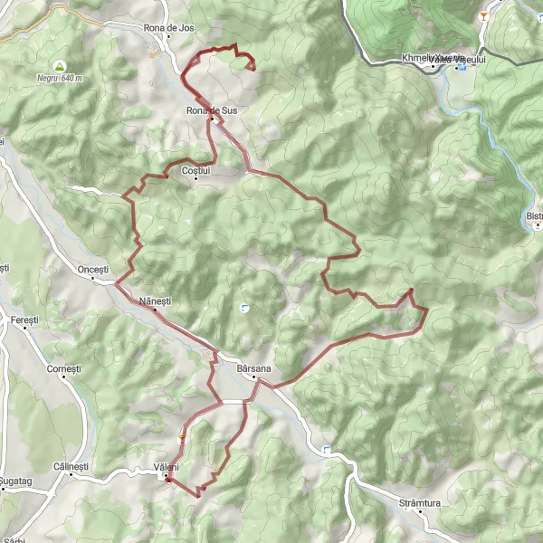 Map miniature of "Scenic Ride through Valleys and Hills" cycling inspiration in Nord-Vest, Romania. Generated by Tarmacs.app cycling route planner