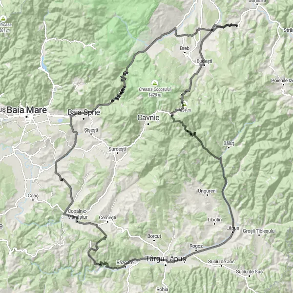 Map miniature of "Văleni Scenic Route" cycling inspiration in Nord-Vest, Romania. Generated by Tarmacs.app cycling route planner