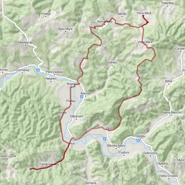 Map miniature of "Gravel Adventure in Rural Romania" cycling inspiration in Nord-Vest, Romania. Generated by Tarmacs.app cycling route planner