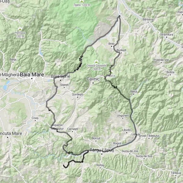 Map miniature of "Conquer the Mountain Peaks" cycling inspiration in Nord-Vest, Romania. Generated by Tarmacs.app cycling route planner