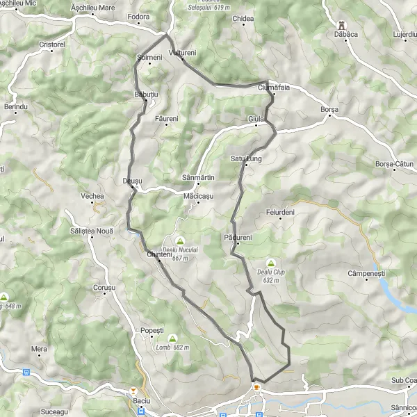 Map miniature of "The Vultureni Challenge" cycling inspiration in Nord-Vest, Romania. Generated by Tarmacs.app cycling route planner