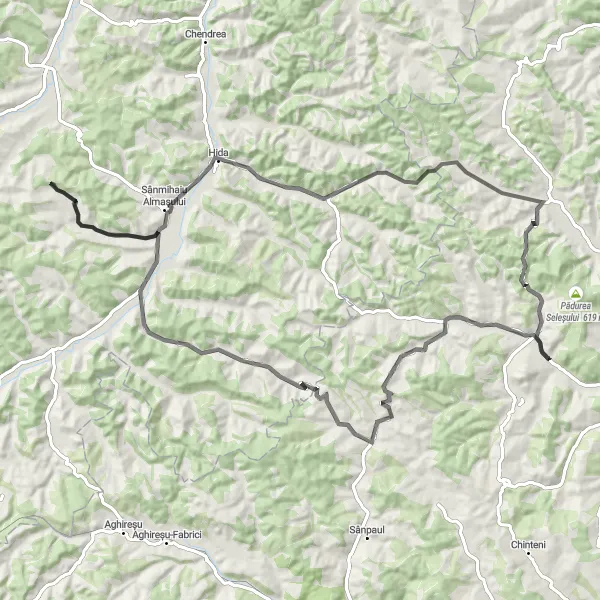 Map miniature of "Vultureni – Cristorel – Sâncraiu Almașului – Chendremal – Sântă Măria – Voivodeni – Vultureni Loop" cycling inspiration in Nord-Vest, Romania. Generated by Tarmacs.app cycling route planner