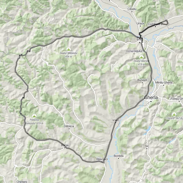 Map miniature of "Vultureni – Panticeu – Pustuța – Maia – 1 Mai – Iclod – Castelul Bánffy în Răscruci – Borșa Loop" cycling inspiration in Nord-Vest, Romania. Generated by Tarmacs.app cycling route planner