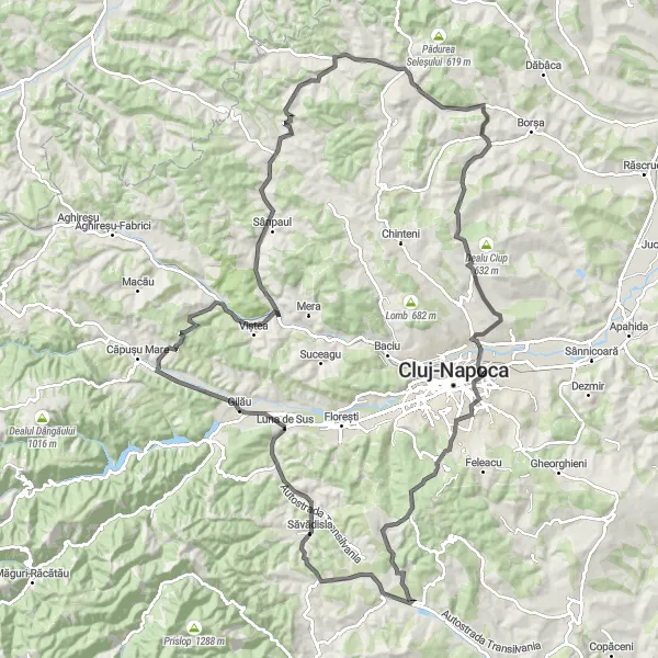 Map miniature of "Vultureni – Satu Lung – Peana – Ciurila – Vlaha – Dealu Viilor – Castel Gilău – Zăpodița – Dealul Nucului – Cristorel Loop" cycling inspiration in Nord-Vest, Romania. Generated by Tarmacs.app cycling route planner