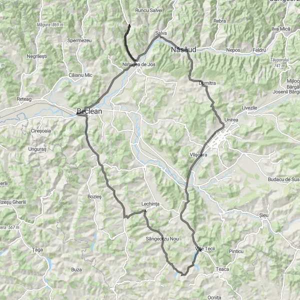 Map miniature of "Salva and Cepari Adventurous Loop" cycling inspiration in Nord-Vest, Romania. Generated by Tarmacs.app cycling route planner
