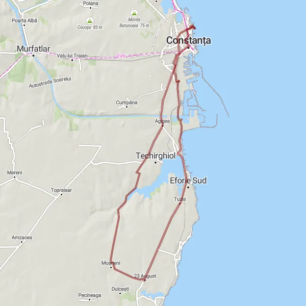 Map miniature of "Eforie Nord and Agigea Gravel Adventure" cycling inspiration in Sud-Est, Romania. Generated by Tarmacs.app cycling route planner