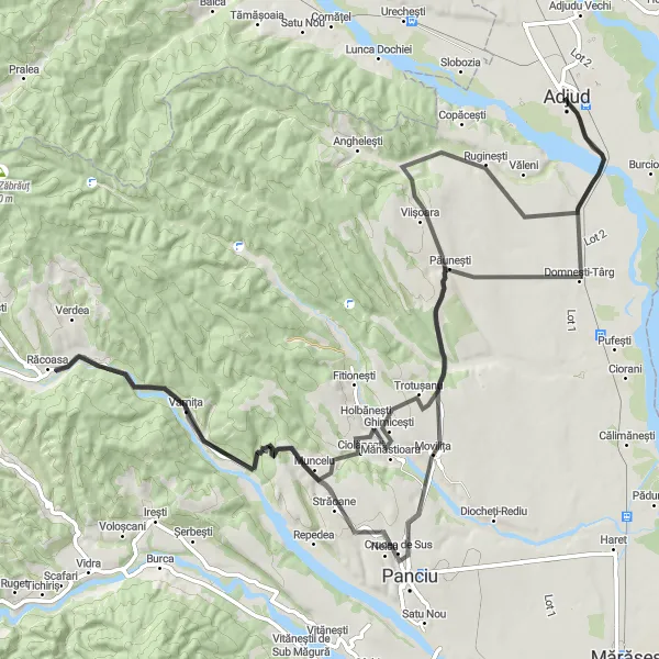 Map miniature of "The Majestic Loop" cycling inspiration in Sud-Est, Romania. Generated by Tarmacs.app cycling route planner