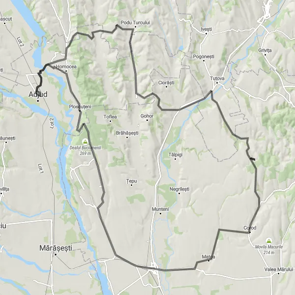 Map miniature of "Matca to Adjud Loop" cycling inspiration in Sud-Est, Romania. Generated by Tarmacs.app cycling route planner