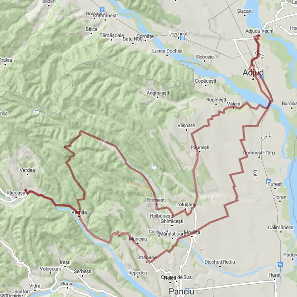 Map miniature of "Adjudu Vechi Gravel Adventure" cycling inspiration in Sud-Est, Romania. Generated by Tarmacs.app cycling route planner