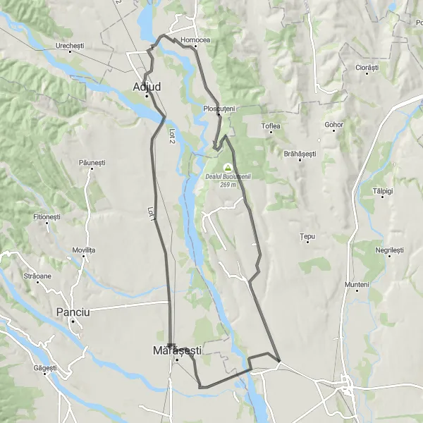 Map miniature of "Discover the hidden gems of Adjud" cycling inspiration in Sud-Est, Romania. Generated by Tarmacs.app cycling route planner