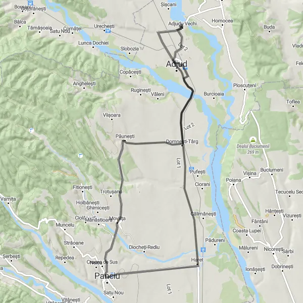 Map miniature of "Explore the countryside around Adjud" cycling inspiration in Sud-Est, Romania. Generated by Tarmacs.app cycling route planner