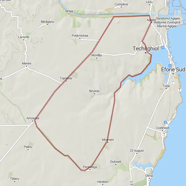 Map miniature of "Agigea - Techirghiol - Lake Techirghiol - Amzacea - Topraisar - Movila Fortului Round Trip" cycling inspiration in Sud-Est, Romania. Generated by Tarmacs.app cycling route planner