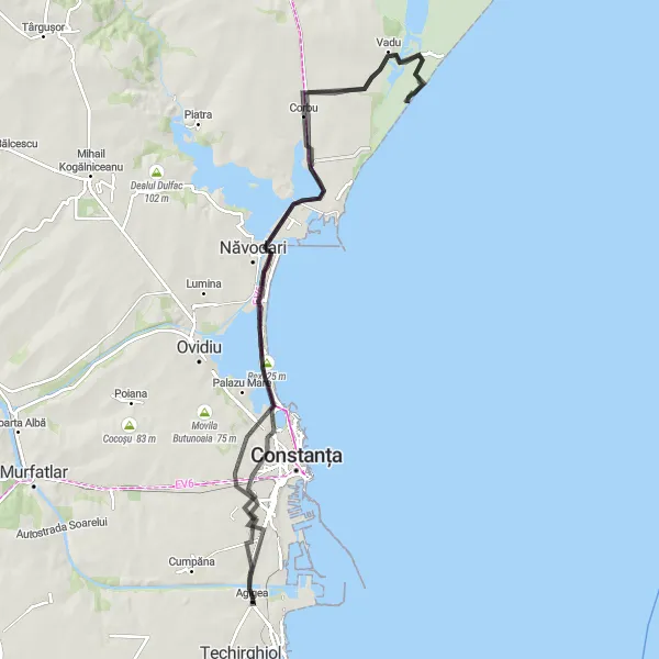 Map miniature of "Agigea - Trei Movile - Inel I - Vadu - Mamaia-Sat - Lazu Round Trip" cycling inspiration in Sud-Est, Romania. Generated by Tarmacs.app cycling route planner