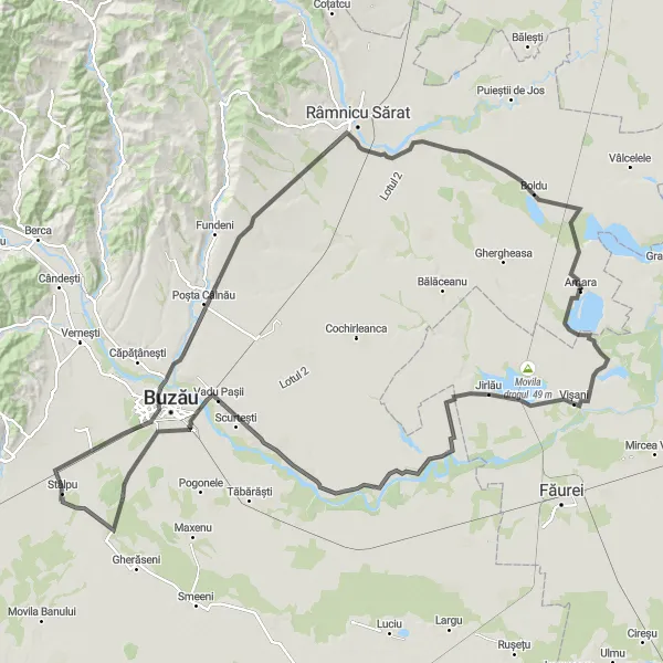 Map miniature of "The Visani Hill Loop" cycling inspiration in Sud-Est, Romania. Generated by Tarmacs.app cycling route planner