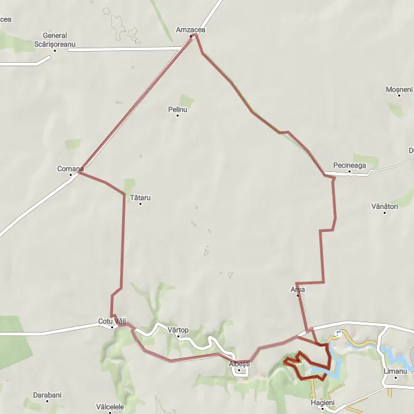 Map miniature of "Discovering Albești and Comana" cycling inspiration in Sud-Est, Romania. Generated by Tarmacs.app cycling route planner