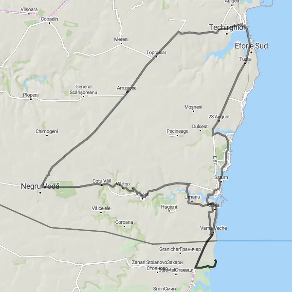 Map miniature of "The Coastal Explorer" cycling inspiration in Sud-Est, Romania. Generated by Tarmacs.app cycling route planner