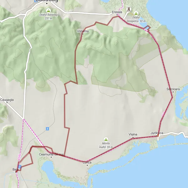 Map miniature of "Baia to Lunca via Enisala and Jurilovca" cycling inspiration in Sud-Est, Romania. Generated by Tarmacs.app cycling route planner