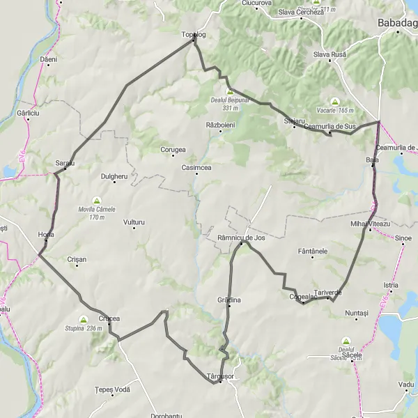 Map miniature of "Baia to Vasile Alecsandri via Târgușor and Crucea" cycling inspiration in Sud-Est, Romania. Generated by Tarmacs.app cycling route planner