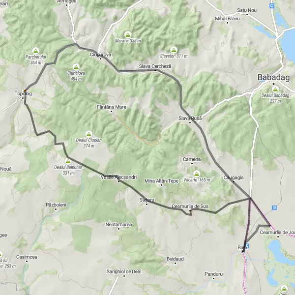 Map miniature of "Discover the Countryside" cycling inspiration in Sud-Est, Romania. Generated by Tarmacs.app cycling route planner