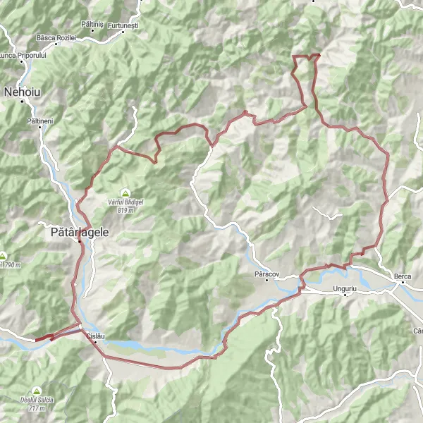 Map miniature of "Belvedere and Bozioru Gravel Adventure" cycling inspiration in Sud-Est, Romania. Generated by Tarmacs.app cycling route planner