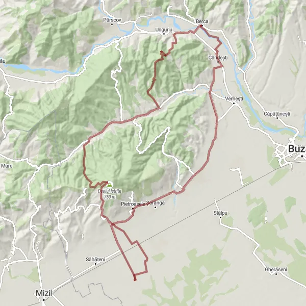 Map miniature of "Gravel Mountain Challenge" cycling inspiration in Sud-Est, Romania. Generated by Tarmacs.app cycling route planner