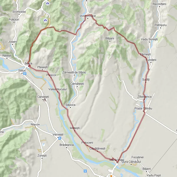 Map miniature of "Berca Gravel Adventure" cycling inspiration in Sud-Est, Romania. Generated by Tarmacs.app cycling route planner