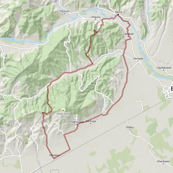 Map miniature of "Hidden Gems Gravel Challenge" cycling inspiration in Sud-Est, Romania. Generated by Tarmacs.app cycling route planner