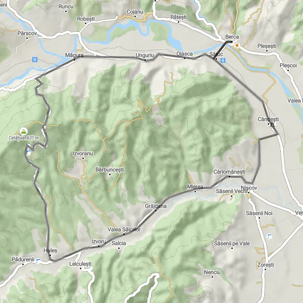 Map miniature of "Salciilor Circuit" cycling inspiration in Sud-Est, Romania. Generated by Tarmacs.app cycling route planner