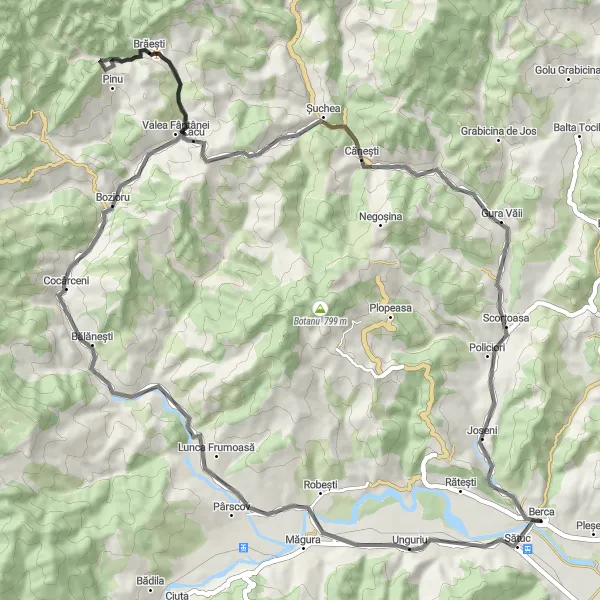 Map miniature of "Bozioru Challenge" cycling inspiration in Sud-Est, Romania. Generated by Tarmacs.app cycling route planner